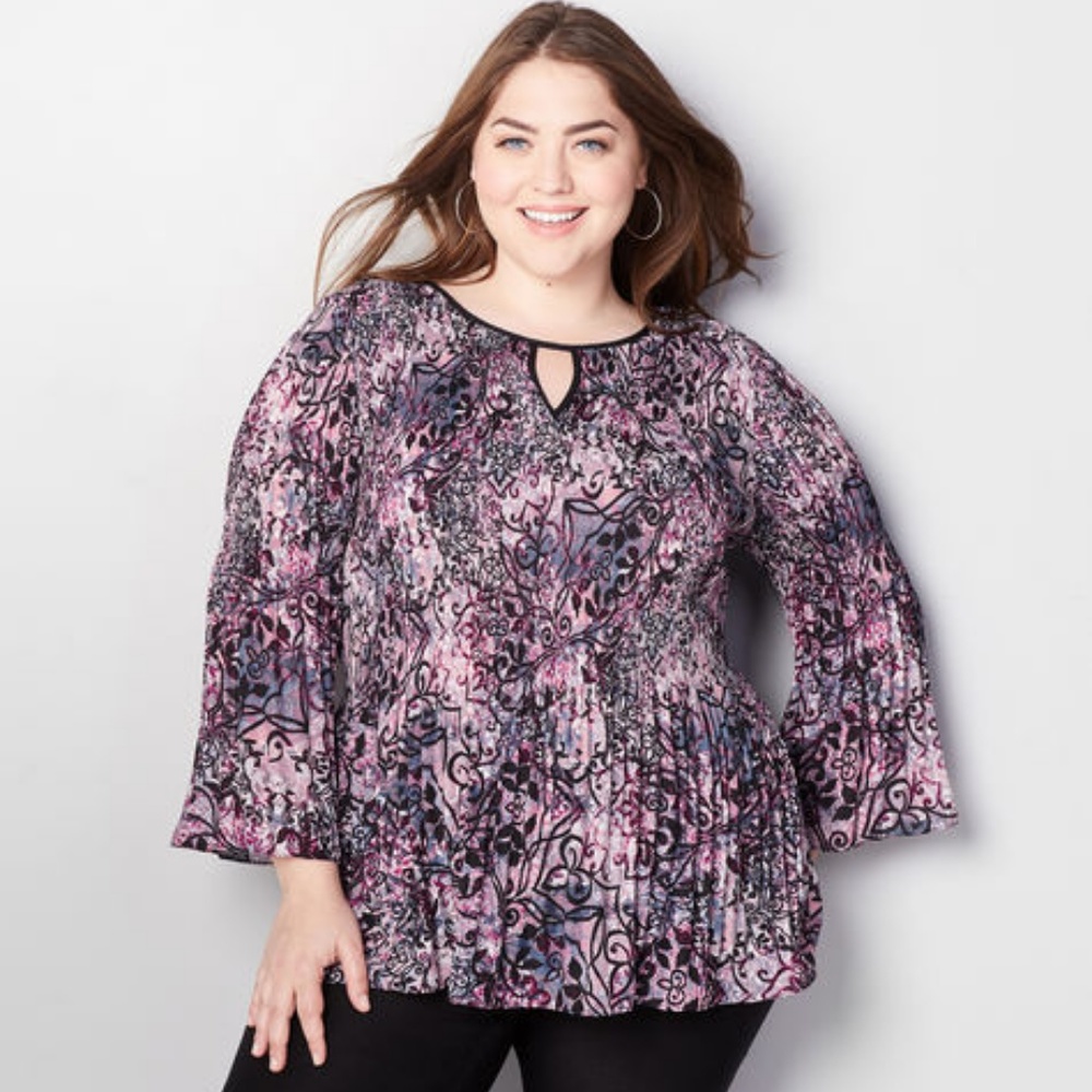 Avenue Abstract Floral Pleated Keyhole Top